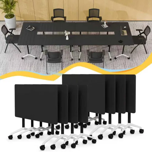 Vista 26 de Mesa de conferencias plegable con ruedas, mesa modular para sala de conferencias con 2 ojales para cables, mesas móviles de sala de reuniones