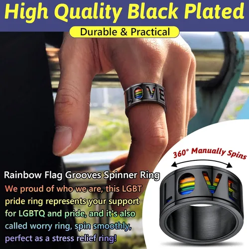 Vista 10 de FaithHeart Anillos para ansiedad LGBT Pride Rainbow, acero inoxidable/chapado en oro de 18 quilates, joyería de amor es amor para hombres y mujeres