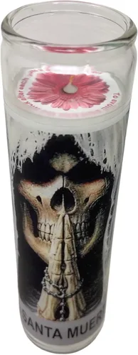 Vista 7 de Santa Muerte 14 oz Vaso Grande UNA pieza Vela de oración de una pieza 14 oz de alto vidrio oración al reverso en español Blanca sin Aroma
