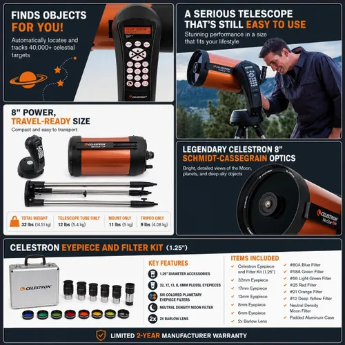 Vista 5 de Celestron NexStar 8 SE Schmidt-Cassegrain telescopio computarizado con kit de accesorios de lujo