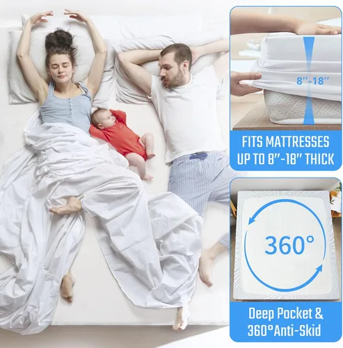 Vista 4 de Protector de colchón ajustable e impermeable. Protector lavable de cama, blanco, no hace ruido, de algodón Terry premium suave, sin vinilo, funda