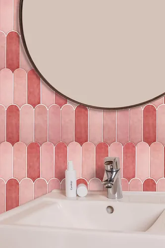 Vista 5 de Azulejos Rosas para Salpicaduras de Cocina de Despegar y Pegar, Azulejos Autoadhesivos 3D Rosa Brillantes con Diseño de Plumas de Pavo Real