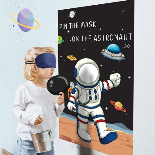 Vista 3 de Hooqict Pin The Mask on The Astronaut Space Party Games for Kids Juego de cumpleaños Astronauta Sistema Solar Decoración de fiesta temática