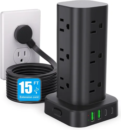 Vista 16 de Regleta de alimentación con cargador inalámbrico, protector de sobretensiones de enchufe plano con cable de extensión de 6 pies, 12 tomas