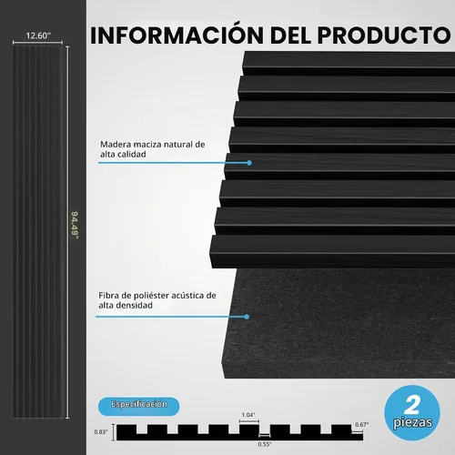 Vista 4 de ROOMTEC Paquete de 2 paneles acústicos de pared de madera maciza, paneles de pared insonorizados de 94.49" x 12.6", paneles de pared de listones