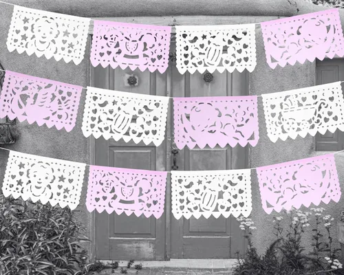 Vista 8 de Pancartas de fiesta de baby shower de niña rosa/blanca – Decoraciones de baby shower rosa Fiesta Papel Picado, guirnaldas de papel con serpentinas