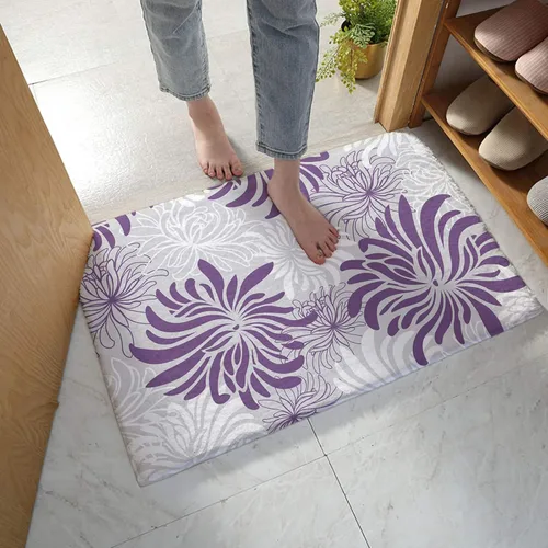 Vista 3 de Tapete de felpa esponjosa absorbente para entrada de piso, patrón floral, suave, lanudo y antideslizante, alfombra de baño de flores moradas