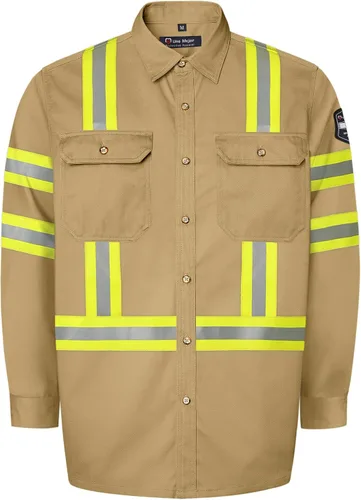 Vista 13 de Camisas FR grises para hombre, sarga de algodón de 7.5 onzas, manga larga, ajuste regular, cuello de punto, cuello Henley, 2 bolsillos de parche