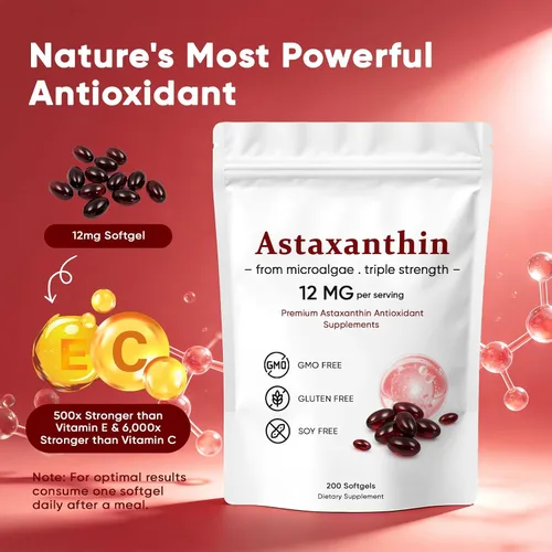 Vista 5 de Astaxantina 12 mg, suplementos antioxidantes de astaxantina premium, apoya los ojos, la piel, el sistema inmunológico, las articulaciones
