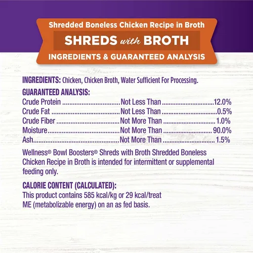 Vista 6 de Wellness Bowl Boosters Shreds with Broth Wet Cat Food Topper, sin granos, natural, receta de pollo, 1.75 onzas, paquete de 12 bolsas