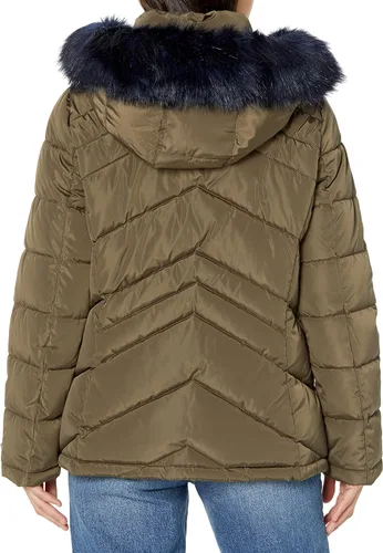 Vista 2 de Tommy Hilfiger Chaqueta acolchada corta con capucha de piel con cremallera en contraste para mujer