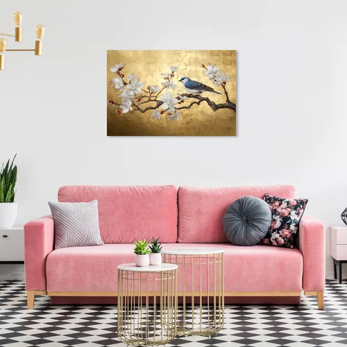 Vista 3 de Wynwood Studio Arte en lienzo envuelto contemporáneo floral y botánico, flor de rama con pájaro, arte de pared para sala de estar, dormitorio