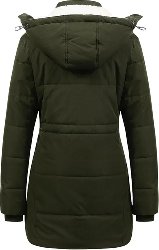 Vista 2 de CREATMO US Abrigo de invierno de sherpa grueso para mujer, chaqueta de nieve cálida con capucha extraíble