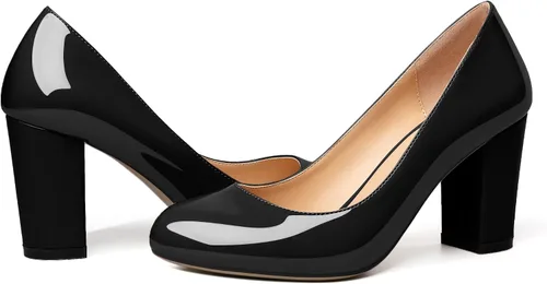 Vista 4 de AUMOTED Zapatos de tacón alto de bloque grueso para mujer, zapatos de tacón alto con punta redonda sólida, zapatos de vestir sin cordones