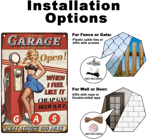 Vista 4 de Letrero de metal retro para decoración de pared de Garaje Pin Up Woman de 8 x 12 pulgadas de servicio completo The Gas Station Póster de arte