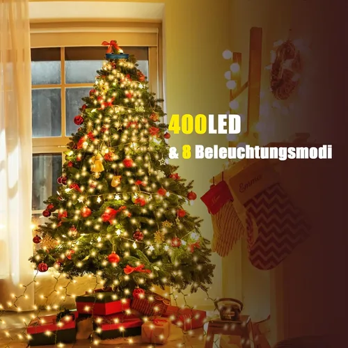 Vista 2 de Guirnalda de luces para árbol de Navidad, 400 LED, 16 líneas, luces de Navidad para árbol, 8 modos y temporizador, tira de luces para interiores