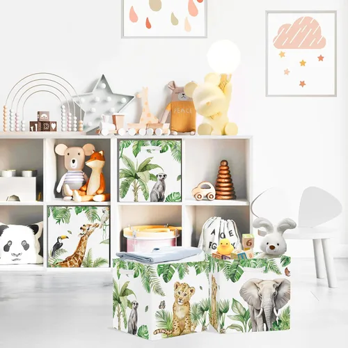 Vista 3 de Clastyle Juego de organizador de animales de la selva para niños, diseño de hojas tropicales, palmeras, jirafa, armario, ropa, cubo