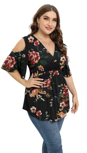 Vista 4 de TIANZHU Camisetas de talla grande para mujer, sexy, con cintura imperio, camisas de manga corta con detalle de hombros descubiertos