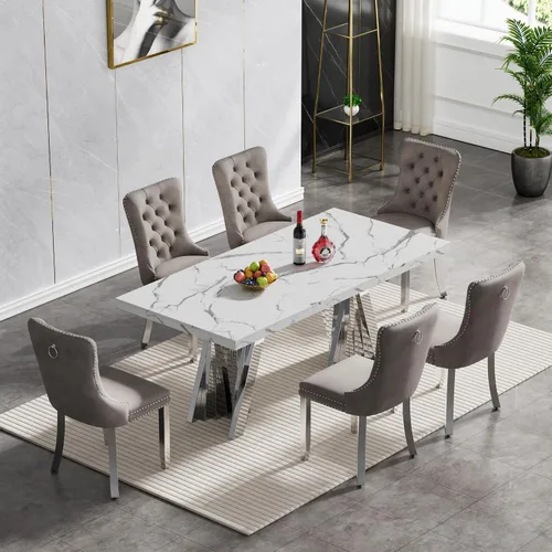 Vista 17 de Juego de 5 mesas de comedor, juego de mesa de cocina y comedor para 4, mesa de comedor rectangular de mármol sintético negro de 70 pulgadas con base