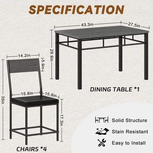 Vista 2 de Juego de mesa de comedor para 4, juego de mesa de cocina y sillas de 5 piezas, mesa de comedor rectangular de madera con marco de metal y tablero