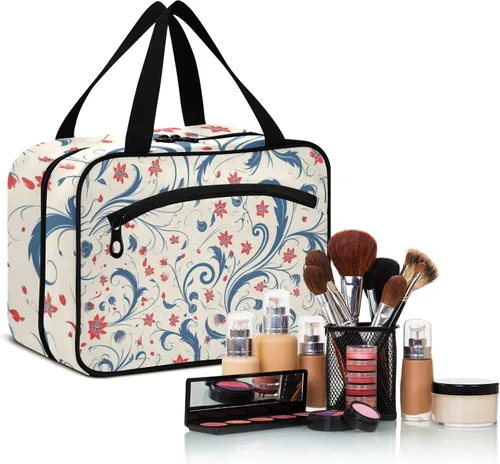 Vista 6 de Vintage Blue Leaves Red Flowers Pattern hanging travel toiletry bags for women with hook, designer necessities medicine bag for women traveling
