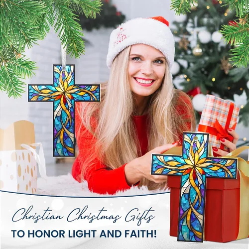 Vista 3 de FLAGWIX Regalos Cristianos de Navidad para Mujeres Fe - Adornos Acrílicos 2025 para Decoraciones de Árbol - Adorno de Cruz de Navidad, Regalos