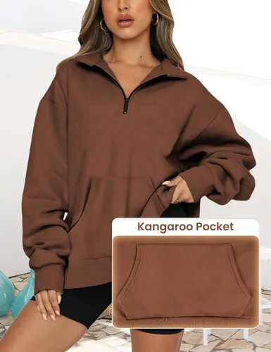Vista 4 de Lentta Sudadera de gran tamaño con media cremallera para mujer cuello de manga larga cremallera de un cuarto