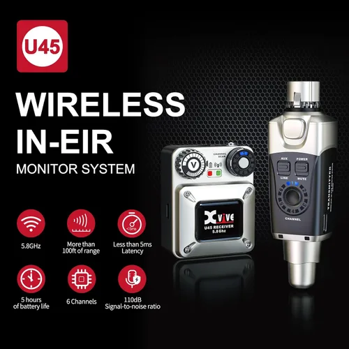 Vista 2 de Sistema de monitorización intrauditivo inalámbrico Xvive U45 con transmisor y receptor de 5.8GHz