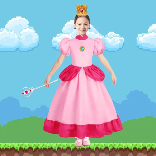 Vista 4 de CONGRU Disfraz de princesa melocotón para niñas, vestido de princesa melocotón con accesorios para Halloween, cosplay