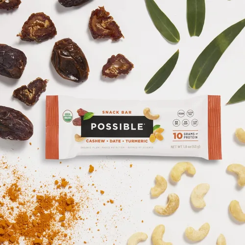 Vista 5 de POSSIBLE Snack Bar, anacardo dátil, cúrcuma, 12 unidades (paquete de 1) Bocadillo integral para apoyar un estilo de vida saludable y activo, 0.35