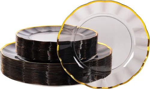 Vista 13 de supernal 60 piezas Platos de Cumpleaños Negros y Dorados Platos de Plástico para Fiestas y Platos Desechables Elegantes Platos Festoneados