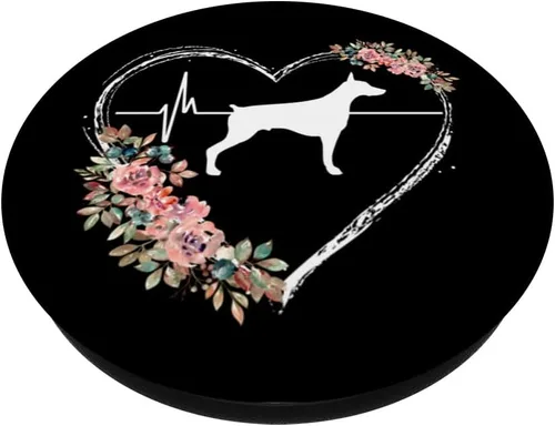Vista 2 de Doberman Heartbeat con flores en popSockets negros intercambiables PopGrip