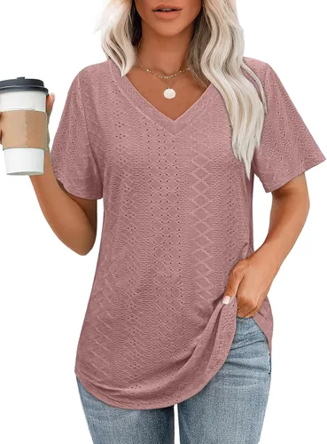 Vista 9 de OFEEFAN Camisetas básicas de manga corta con cuello en V para mujer, ajuste holgado, con dobladillo curvado B-verde