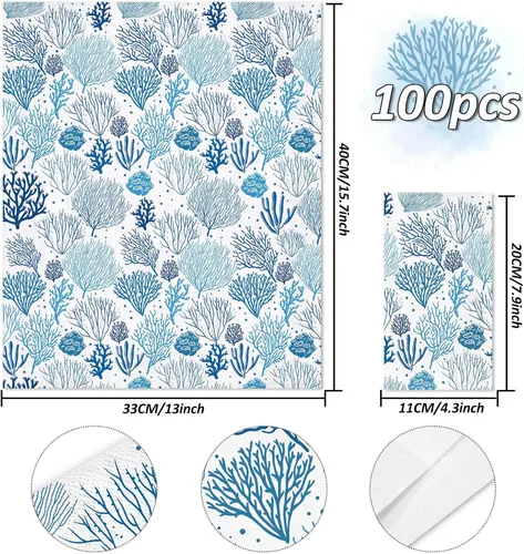 Vista 2 de JarThenaAMCS 100 servilletas de papel desechables de arrecife de coral blanco y azul, toalla de mano para cena de verano para el hogar, cocina