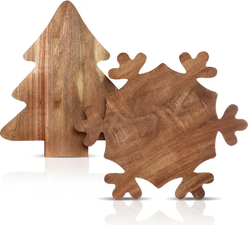 Vista 9 de Umigy 2 Piezas Tablas de Charcutería de Navidad Tabla de Cortar de Madera en Forma de Árbol de Navidad con Mango Cornamenta Madera de Acacia Linda