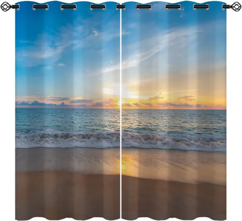 Vista 15 de Cortinas opacas de arena para niñas y niños, decoración del hogar, vacaciones, playa, agua azul, puesta de sol, nubes, ojales, aislamiento térmico