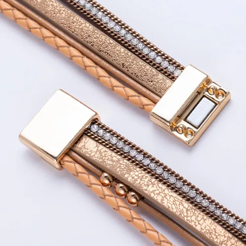 Vista 6 de FANCY SHINY Pulseras bohemias de cuero con cuentas doradas para mujer, apilables con cierre magnético