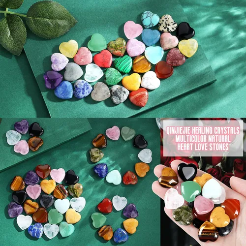 Vista 3 de QINJIEJIE Juego de 10 piedras curativas de corazón, cuarzo rosa, amatista, piedra de amor pulida, palma, piedras preciosas naturales, al por mayor