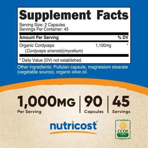 Vista 2 de Nutricost Cordyceps - Cápsulas de hongos de 1100 mg, 45 porciones – Certificado CCOF fabricado con orgánico, vegetariano, sin gluten, 550 mg por