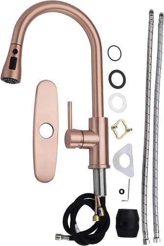 Vista 7 de Delle Rosa Grifo de cocina de cobre y oro rosa, montaje en cubierta, acero inoxidable 304, manija única, configuración de rociado de 3 vías, fácil