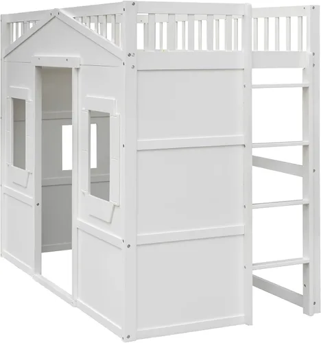 Vista 5 de Base de cama individual tipo loft para niños, cama tipo loft de madera con ventanas y barandilla, cama de casa de juegos, cama tipo loft