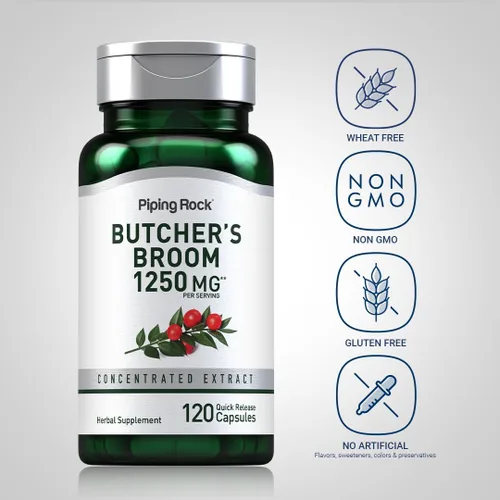 Vista 3 de Piping Rock Suplemento de escoba de carnicero 1250 mg 120 cápsulas raíz de hierbas tradicionales Extracto concentrado Sin OMG, sin gluten
