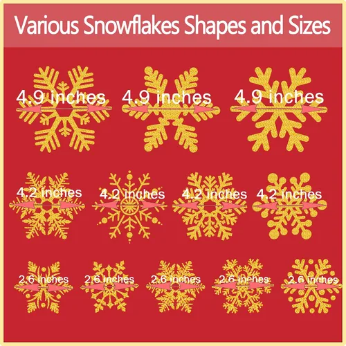 Vista 4 de Adhesivos de Copos de Nieve Dorados con Purpurina para Ventanas 147 PCS Copos de Nieve Brillantes para Ventanas Decoraciones de Paraíso Invernal Oro
