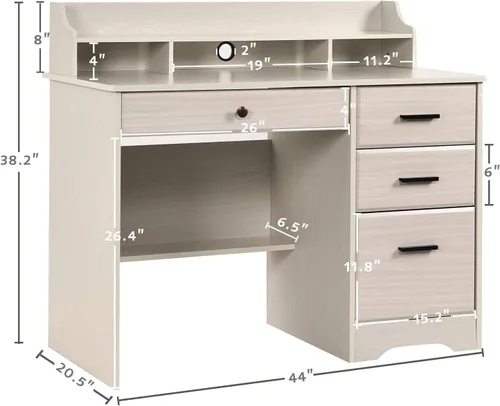 Vista 3 de Escritorio blanco para oficina en casa con 4 cajones y gabinete, mesa de computadora para dormitorio, blanco roto