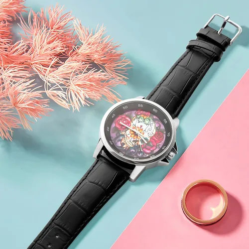 Vista 7 de Diseño especial hermoso cráneo de azúcar floral personalizado unisex correa de cuero de acero inoxidable reloj caja de metal, vidrio templado, banda