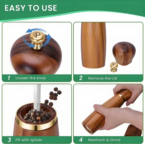 Vista 8 de Juego de molinillo de sal y pimienta de madera de acacia con base, molinillo de pimienta manual de 8 pulgadas con grosor ajustable, juego de 2
