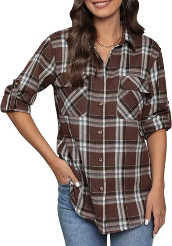 Vista 3 de siliteelon Camisas de franela a cuadros para mujer, de manga larga, con botones, de algodón, estilo novio, informal, con puños