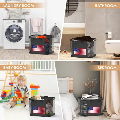 Vista 6 de NPET Cesta de lavandería plegable de 27 litros con material impermeable de PEVA, bolsa de almacenamiento para ropa, dormitorio y hogar Bandera
