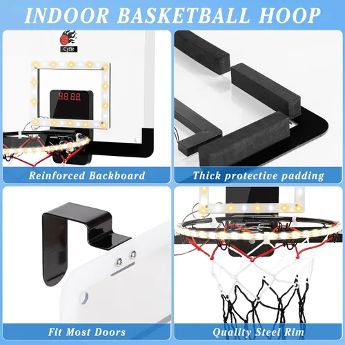 Vista 8 de CYFIE Mini aro de baloncesto para interiores para niños con luz LED, ventosa/aro de baloncesto sobre la puerta con marcador y 3 bolas, juguetes