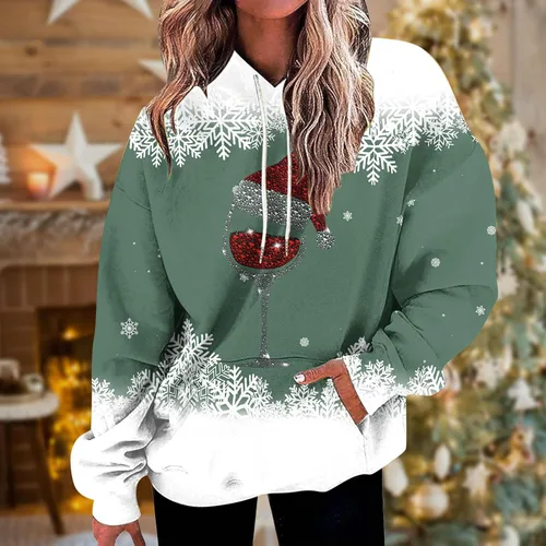 Vista 2 de Sudaderas con capucha de moda con estampado gráfico de copa de vino para mujer, casual, manga larga, divertida, de Navidad, cómoda sudadera